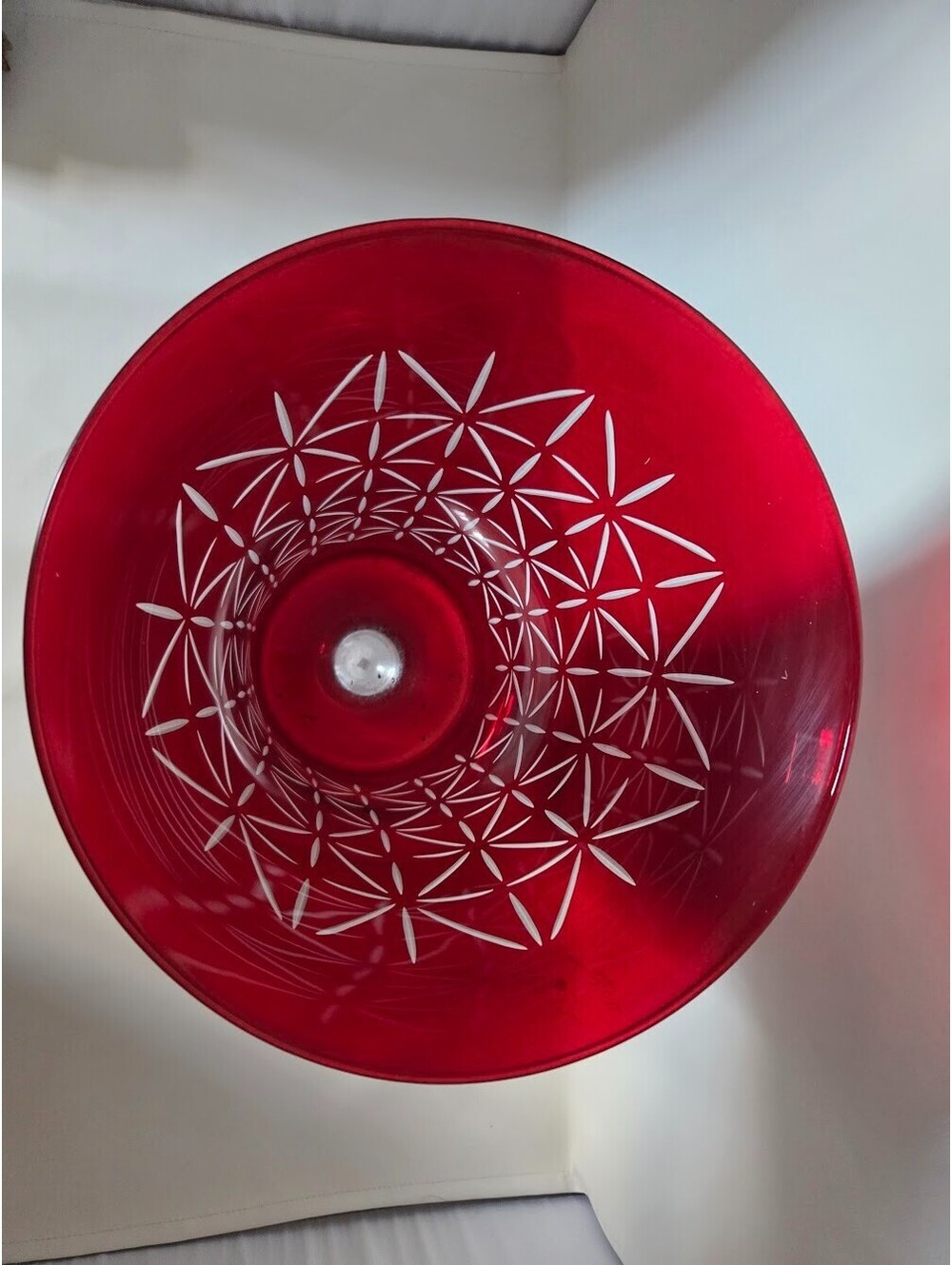 Red Cut-to-Clear Glass Vase with Etched Geometric Pattern and Clear Pedestal